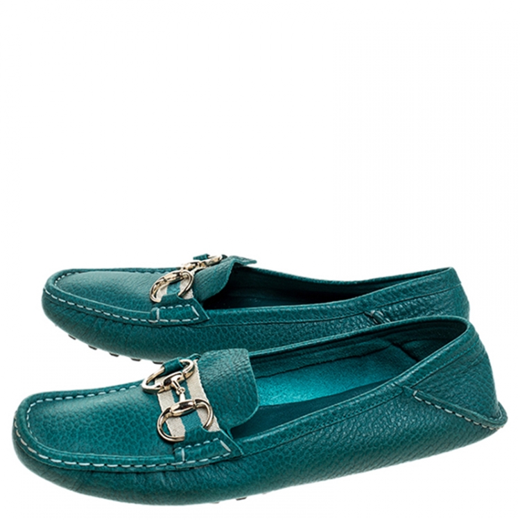Pre Owned Gucci Blue Leather Horsebit Slip On Loafers Size 39