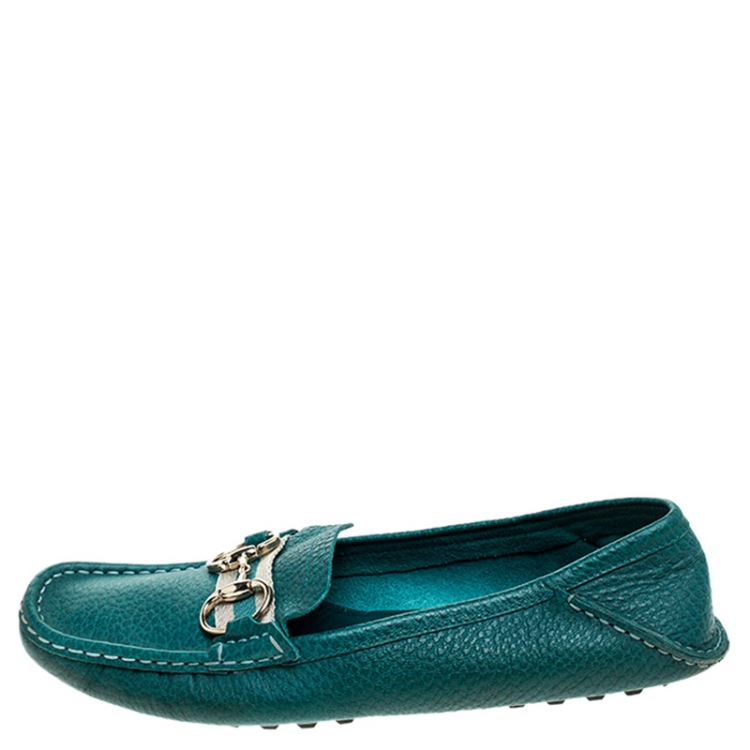 Pre Owned Gucci Blue Leather Horsebit Slip On Loafers Size 39
