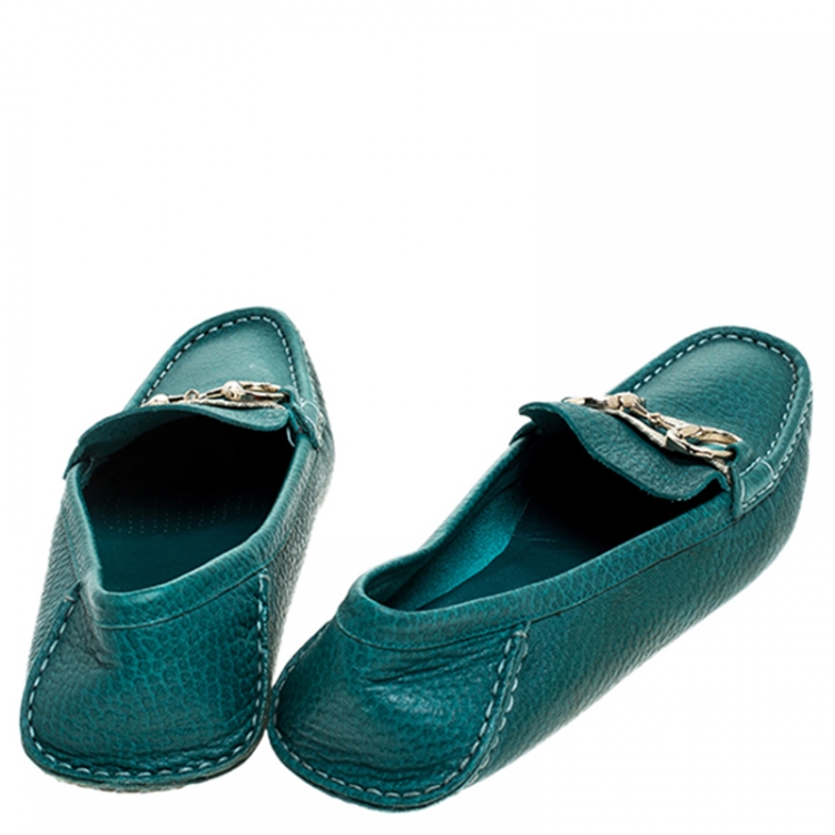Pre Owned Gucci Blue Leather Horsebit Slip On Loafers Size 39