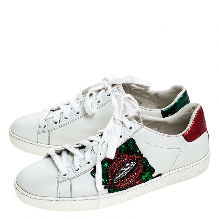 Gucci White Leather Sequins Lips Ace Low Top Sneakers Size 35 Gucci | TLC