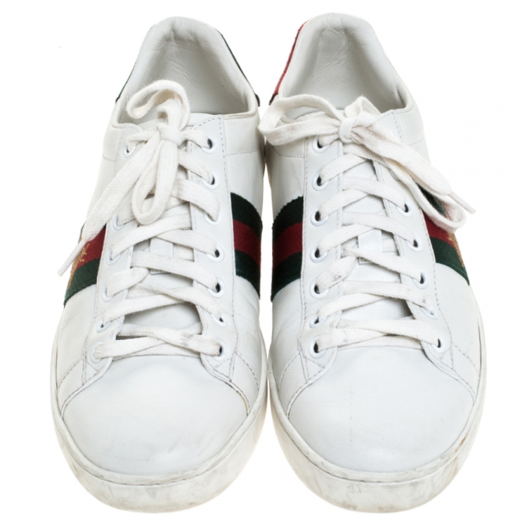Pre Owned Gucci White Leather Ace Embroidered Bee Low Top Sneakers Size 38.5 
