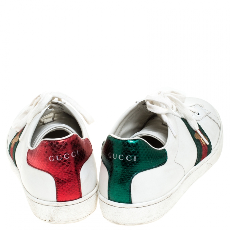 Pre Owned Gucci White Leather Ace Embroidered Bee Low Top Sneakers Size 38.5 