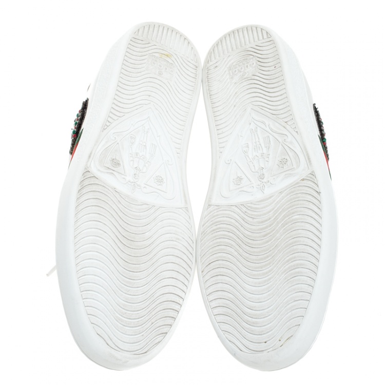 مملوكة مسبقًا Gucci White Leather Crystal Embellished Arrow Ace Low Top Sneakers Size 38.5