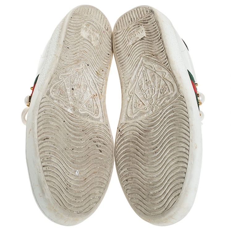 مملوكة مسبقًا Gucci Off White Leather Web Studded Ace Lace Up Sneakers Size 36