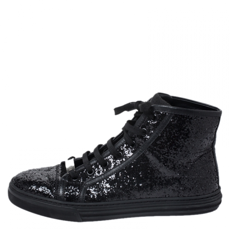 Gucci Black Glitter Fabric And Leather Trim California High Top Sneakers  Size 36.5 Gucci
