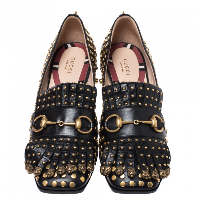 Gucci Black Studded Fringe Detail Horsebit Loafers Size 38.5 Gucci TLC