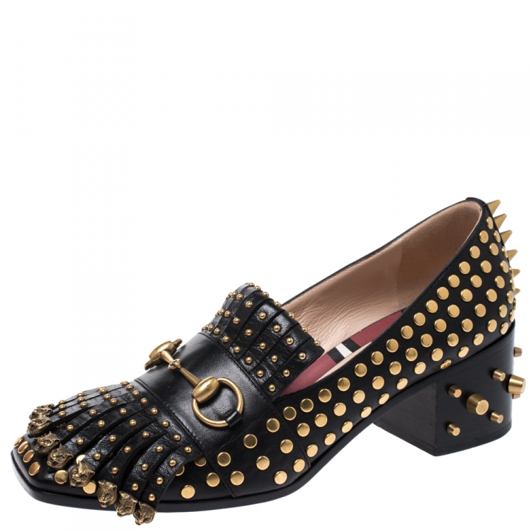 konkurs barrikade budbringer Gucci Black Leather Malaga Studded Fringe Detail Horsebit Loafers Size 38.5  Gucci | TLC