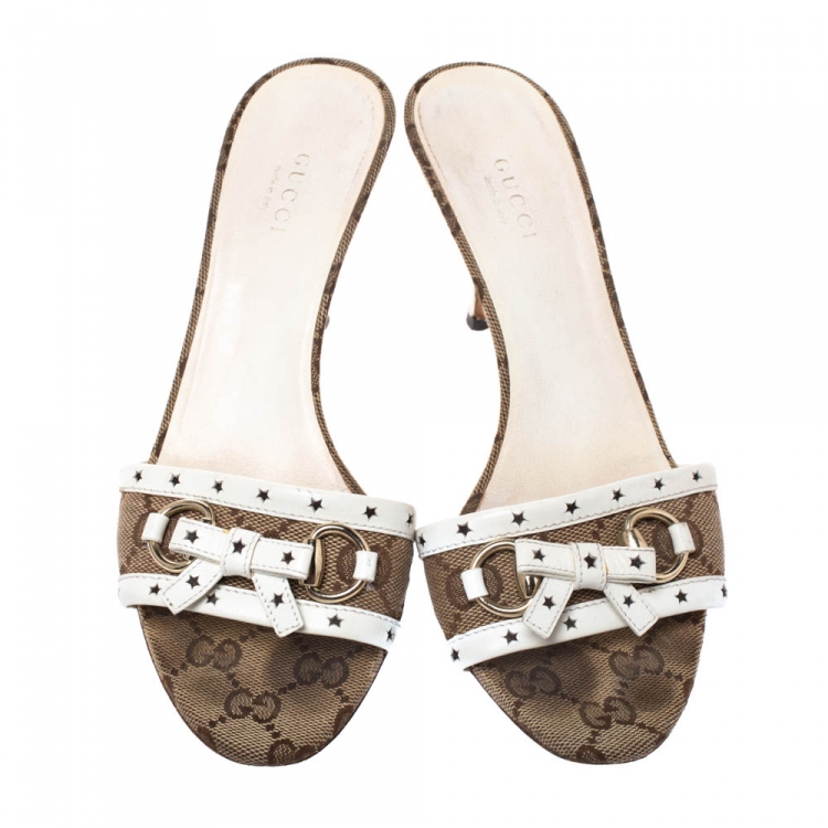 Gucci Beige GG Canvas And Leather Bow Detail Horsebit Slides Size 36.5