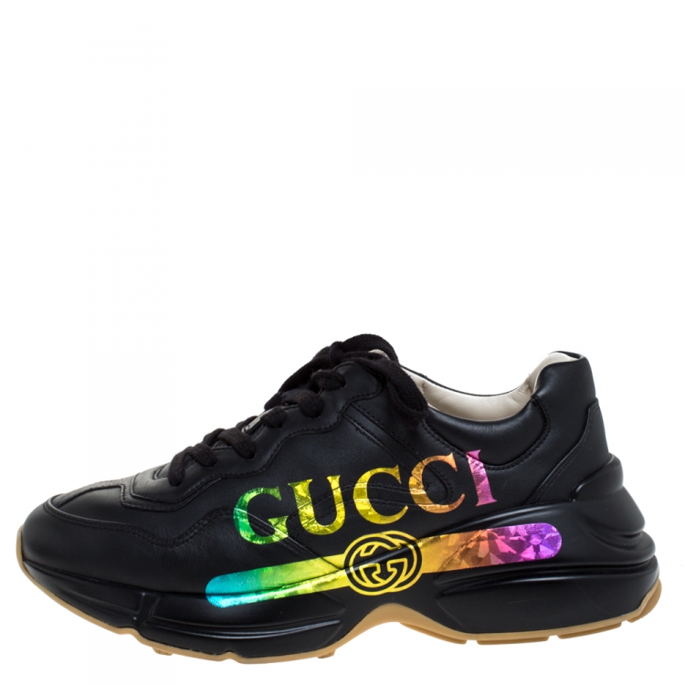 Gucci Black Iridescent Logo Leather Rhyton Platform Sneakers Size 37.5 Gucci
