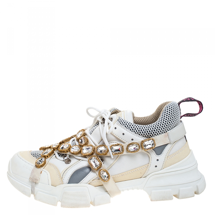 Gucci White Leather and Mesh Flashtrek Crystals Sneakers 41 Gucci TLC