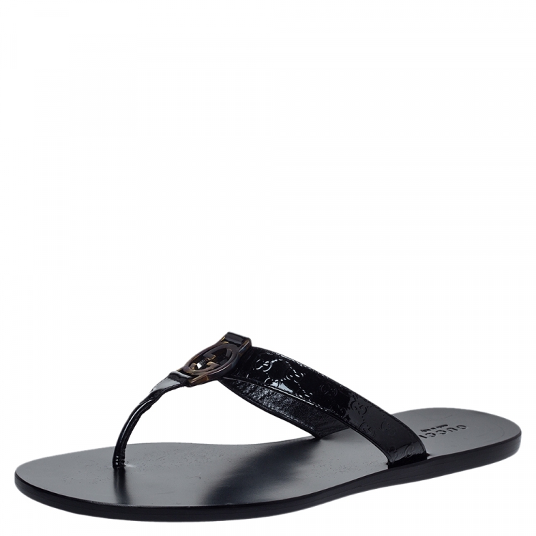 Gucci Black Microguccissima Patent Leather GG Interlocking Thong