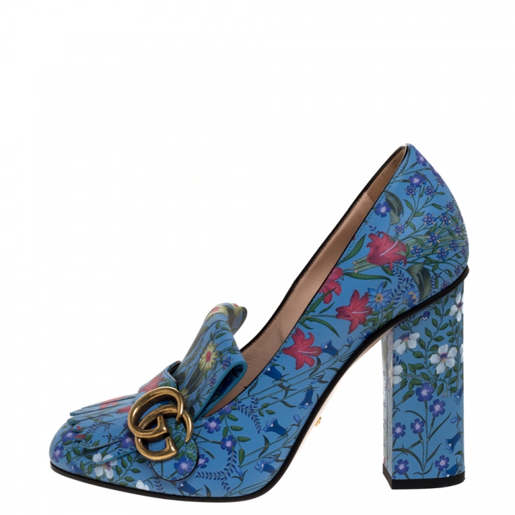 Gucci Blue Floral Leather GG Marmont Detail Block Heel Size 39 Gucci | TLC