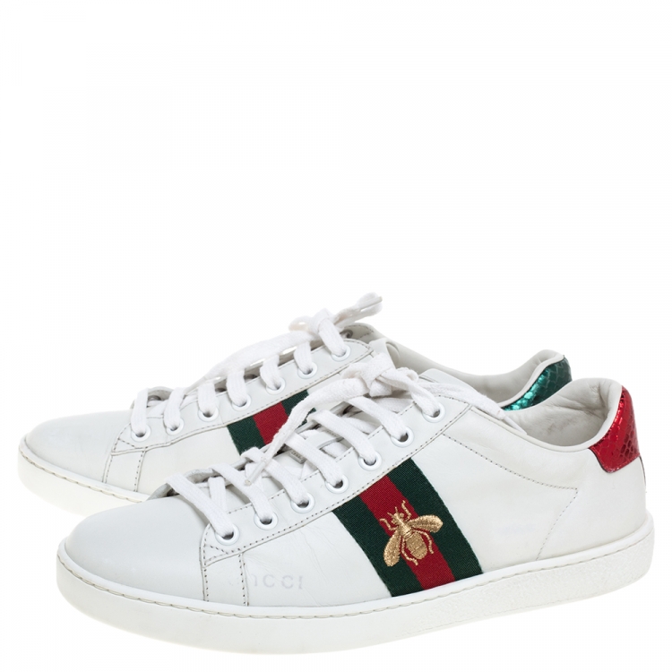 Pre Owned Gucci White Leather Ace Web Low Top Sneakers Size 38