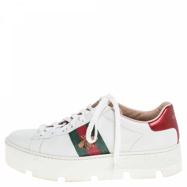Pre Owned Gucci White Leather Embroidered Bee Ace Low-Top Sneakers Size 37.5