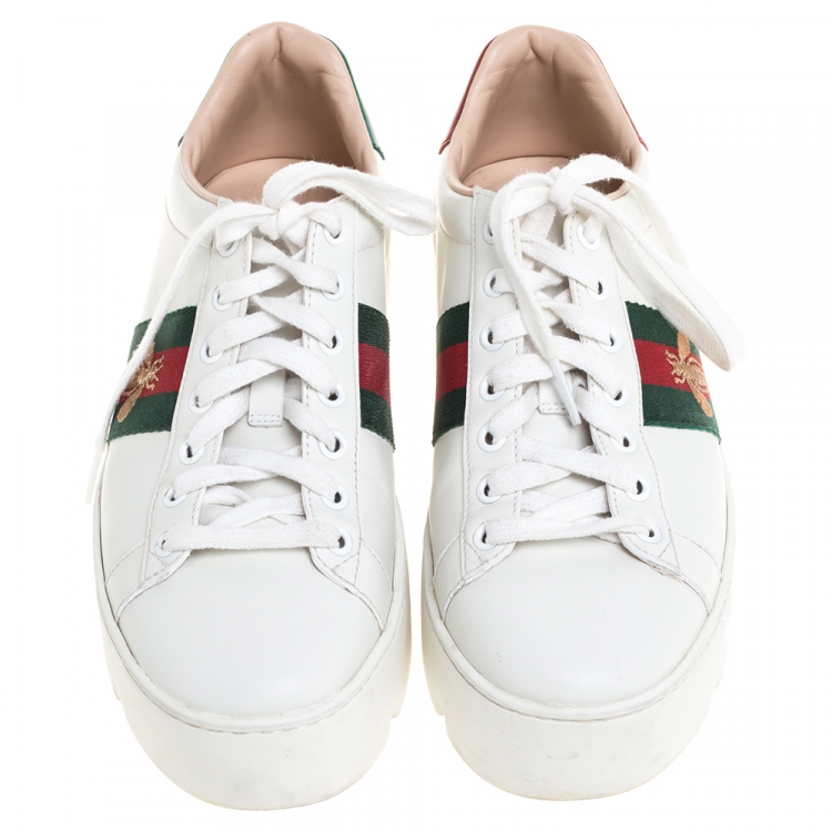 Pre Owned Gucci White Leather Embroidered Bee Ace Low-Top Sneakers Size 37.5