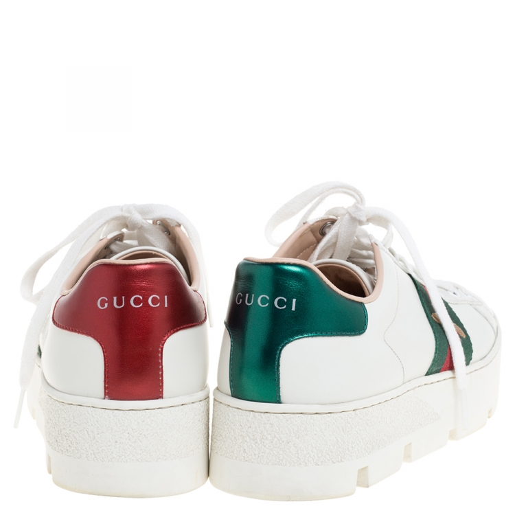 Pre Owned Gucci White Leather Embroidered Bee Ace Low-Top Sneakers Size 37.5