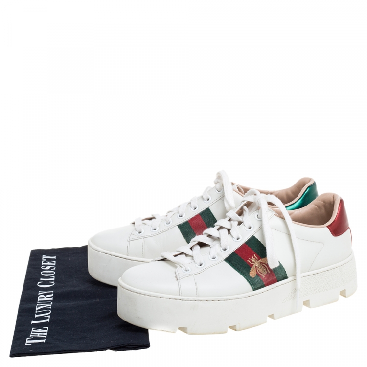 Pre Owned Gucci White Leather Embroidered Bee Ace Low-Top Sneakers Size 37.5
