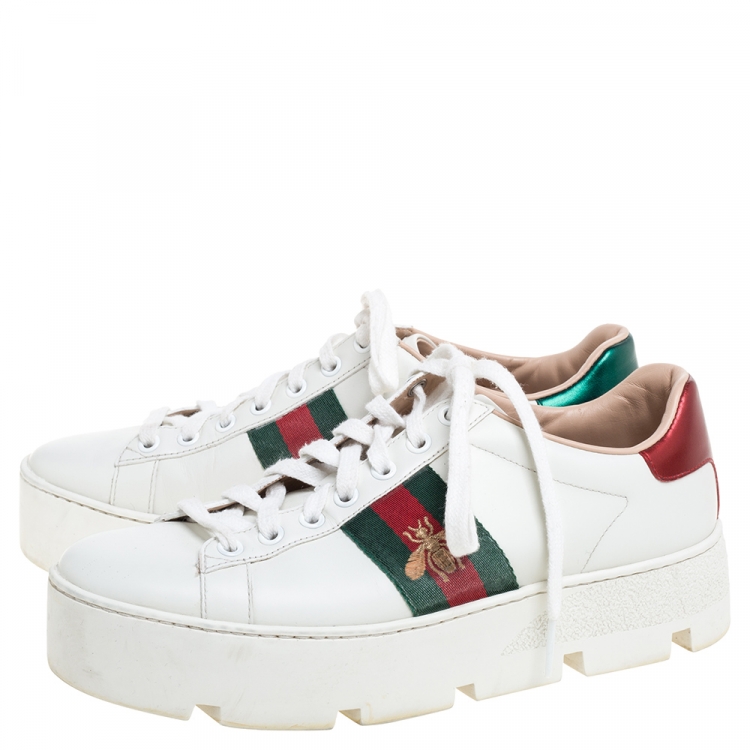 Pre Owned Gucci White Leather Embroidered Bee Ace Low-Top Sneakers Size 37.5