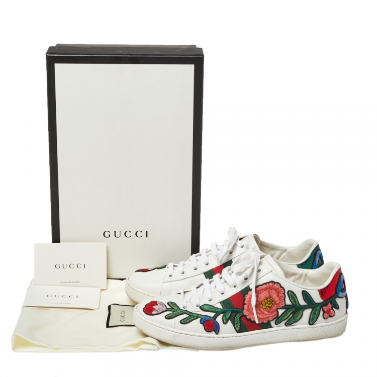 Pre Owned Gucci White Floral Embroidered Leather Ace Low Top Sneakers Size 36.5