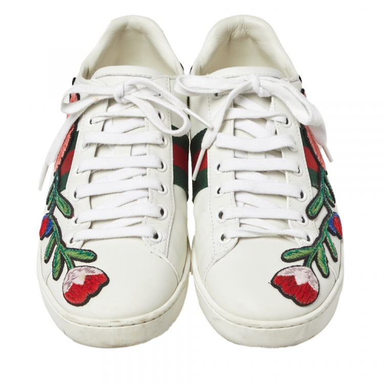 Pre Owned Gucci White Floral Embroidered Leather Ace Low Top Sneakers Size 36.5