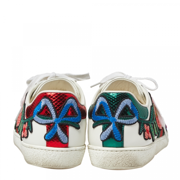 Pre Owned Gucci White Floral Embroidered Leather Ace Low Top Sneakers Size 36.5