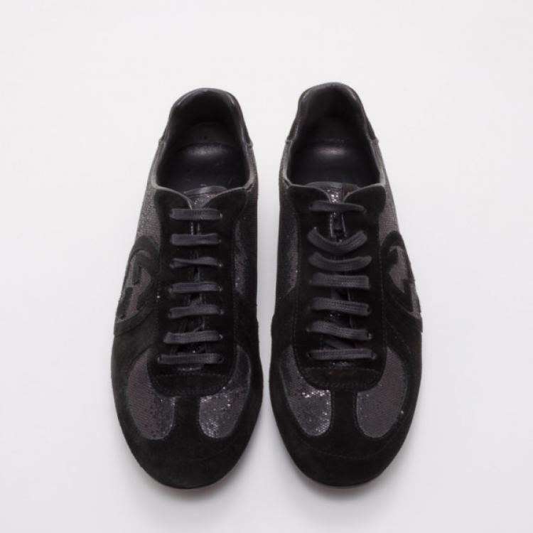 Pre Owned Gucci Black Glitter and Suede Trainers Size 38.5
