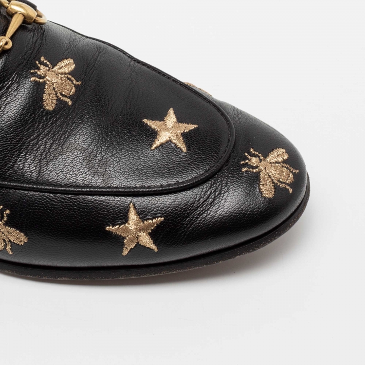 Pre Owned Gucci Black Leather Embroidered Bee Star Horsebit Slip On Loafers Size 40