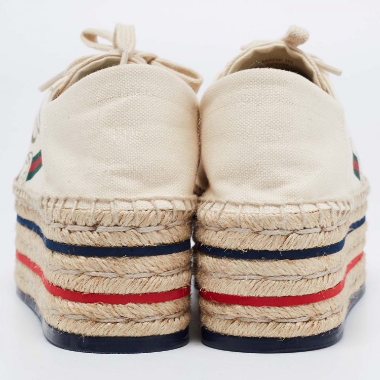 Pre Owned Gucci  Beige Canvas Printed Platform Espadrille Sneakers Size 37