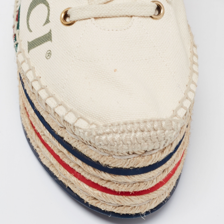 Pre Owned Gucci  Beige Canvas Printed Platform Espadrille Sneakers Size 37
