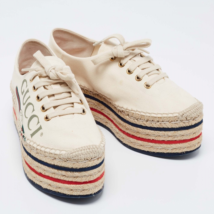 Pre Owned Gucci  Beige Canvas Printed Platform Espadrille Sneakers Size 37
