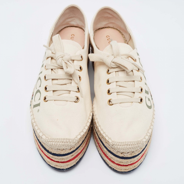 Pre Owned Gucci  Beige Canvas Printed Platform Espadrille Sneakers Size 37