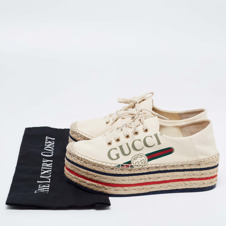 Pre Owned Gucci  Beige Canvas Printed Platform Espadrille Sneakers Size 37
