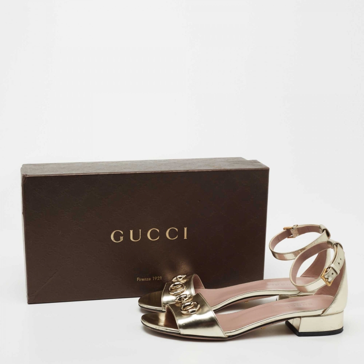 Pre Owned Gucci Metallic Gold Leather Horsebit  Ankle Strap Sandals Size 36.5