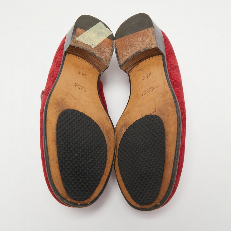Pre Owned Gucci Red GG Canvas and Patent Leather Horsebit Loafers Size 38