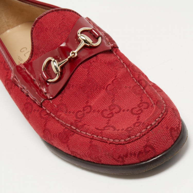 Pre Owned Gucci Red GG Canvas and Patent Leather Horsebit Loafers Size 38