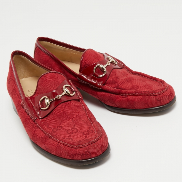 Pre Owned Gucci Red GG Canvas and Patent Leather Horsebit Loafers Size 38