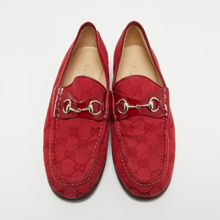 Pre Owned Gucci Red GG Canvas and Patent Leather Horsebit Loafers Size 38