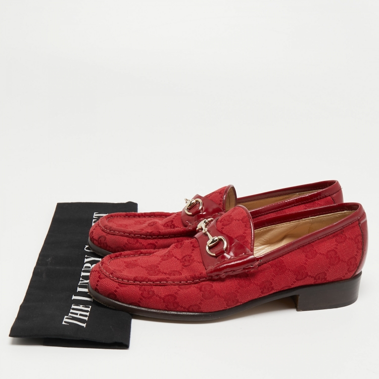 Pre Owned Gucci Red GG Canvas and Patent Leather Horsebit Loafers Size 38