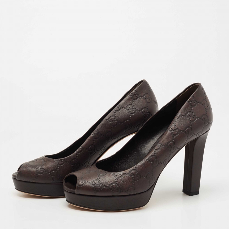 Pre Owned Gucci Brown Guccissima Leather Peep Toe Platform Pumps Size 38