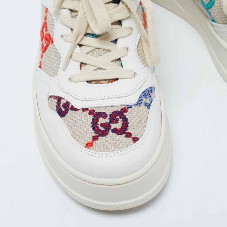 Pre Owned Gucci White/Beige Canvas and Leather GG Lace Up Sneakers Size 38