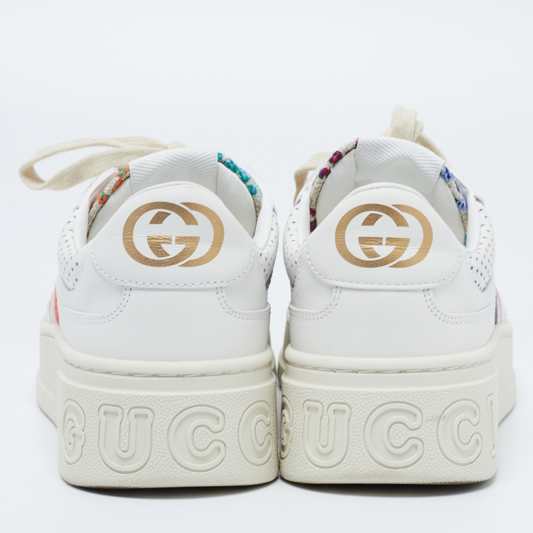 Pre Owned Gucci White/Beige Canvas and Leather GG Lace Up Sneakers Size 38
