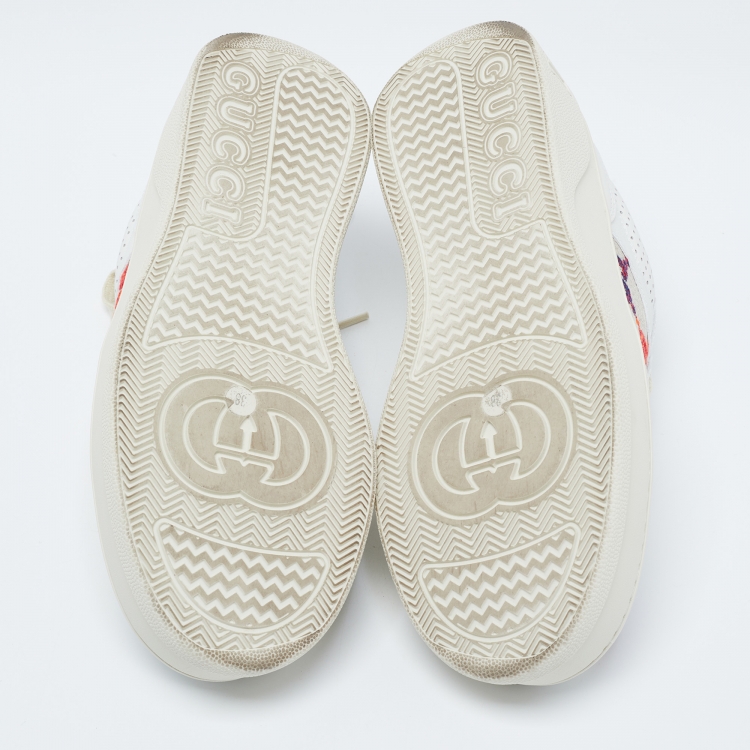 Pre Owned Gucci White/Beige Canvas and Leather GG Lace Up Sneakers Size 38