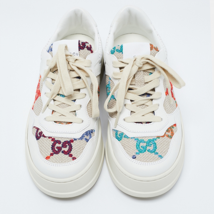 Pre Owned Gucci White/Beige Canvas and Leather GG Lace Up Sneakers Size 38