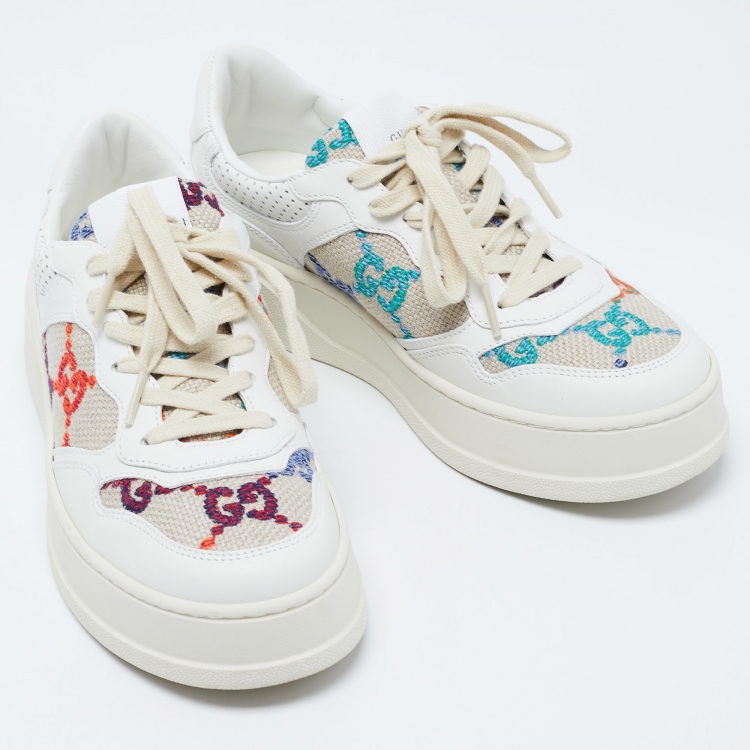 Pre Owned Gucci White/Beige Canvas and Leather GG Lace Up Sneakers Size 38