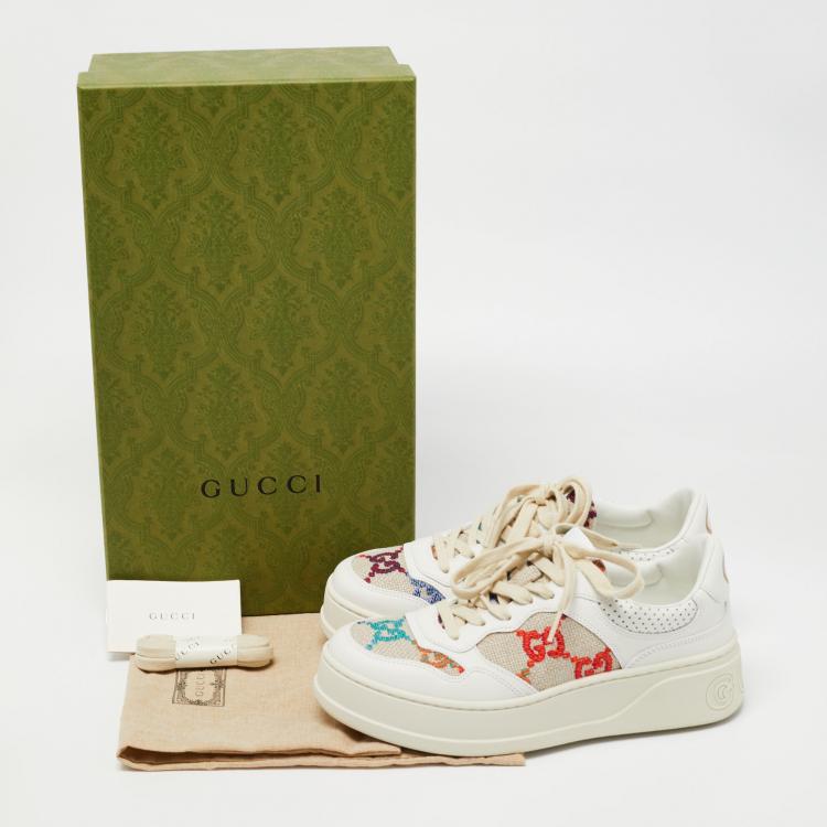 Pre Owned Gucci White/Beige Canvas and Leather GG Lace Up Sneakers Size 38