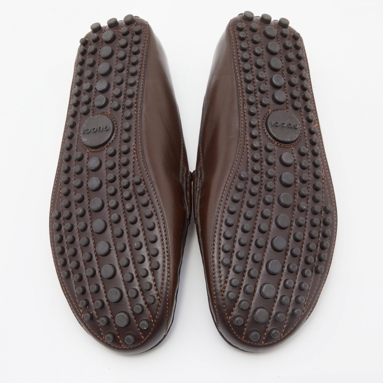 Pre Owned Gucci Dark Brown Leather Web Bamboo Horsebit Slip On Loafers Size 36