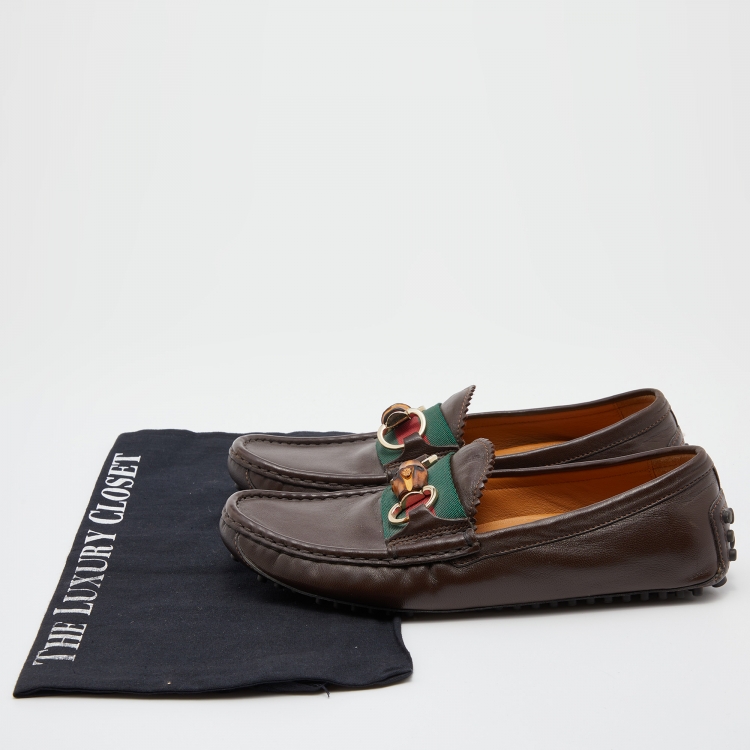 Pre Owned Gucci Dark Brown Leather Web Bamboo Horsebit Slip On Loafers Size 36