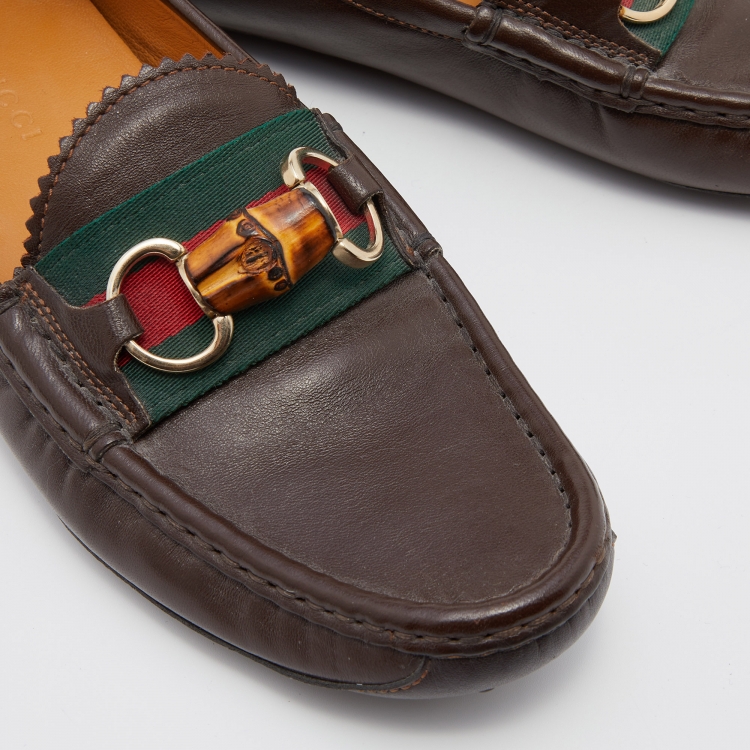Pre Owned Gucci Dark Brown Leather Web Bamboo Horsebit Slip On Loafers Size 36
