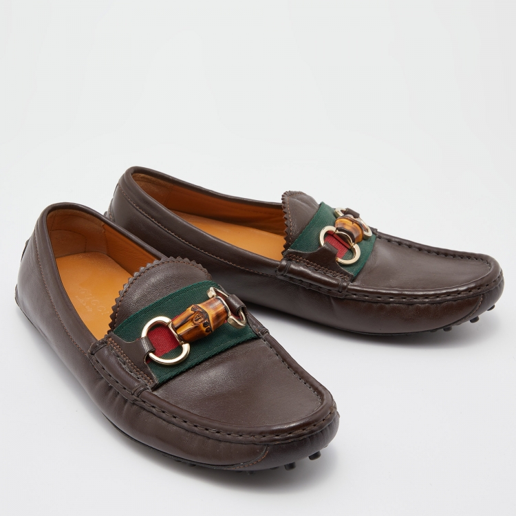 Pre Owned Gucci Dark Brown Leather Web Bamboo Horsebit Slip On Loafers Size 36
