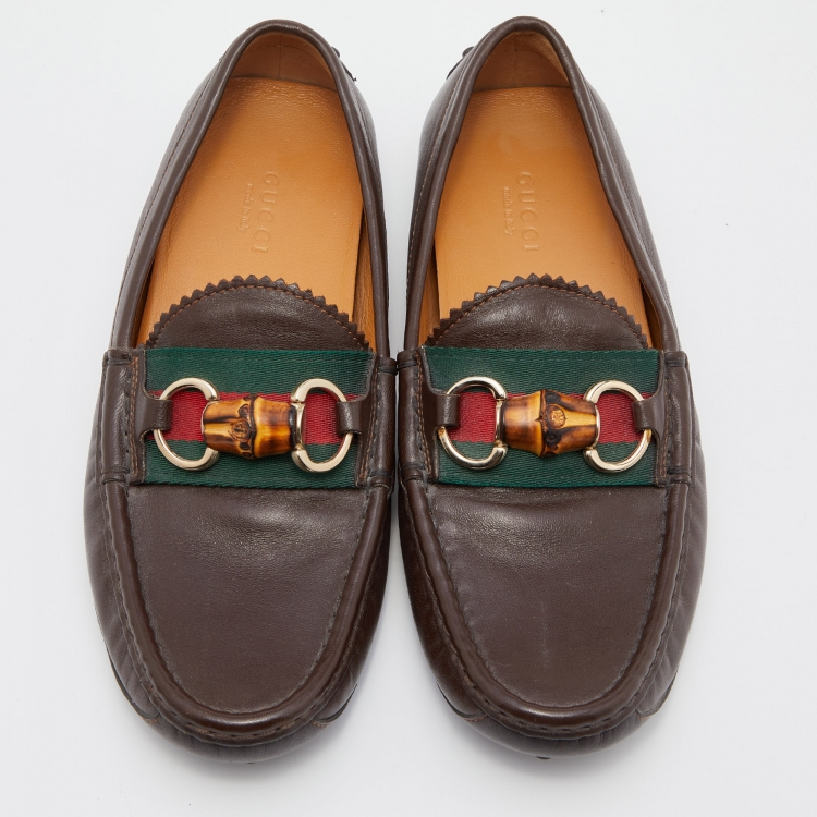 Pre Owned Gucci Dark Brown Leather Web Bamboo Horsebit Slip On Loafers Size 36